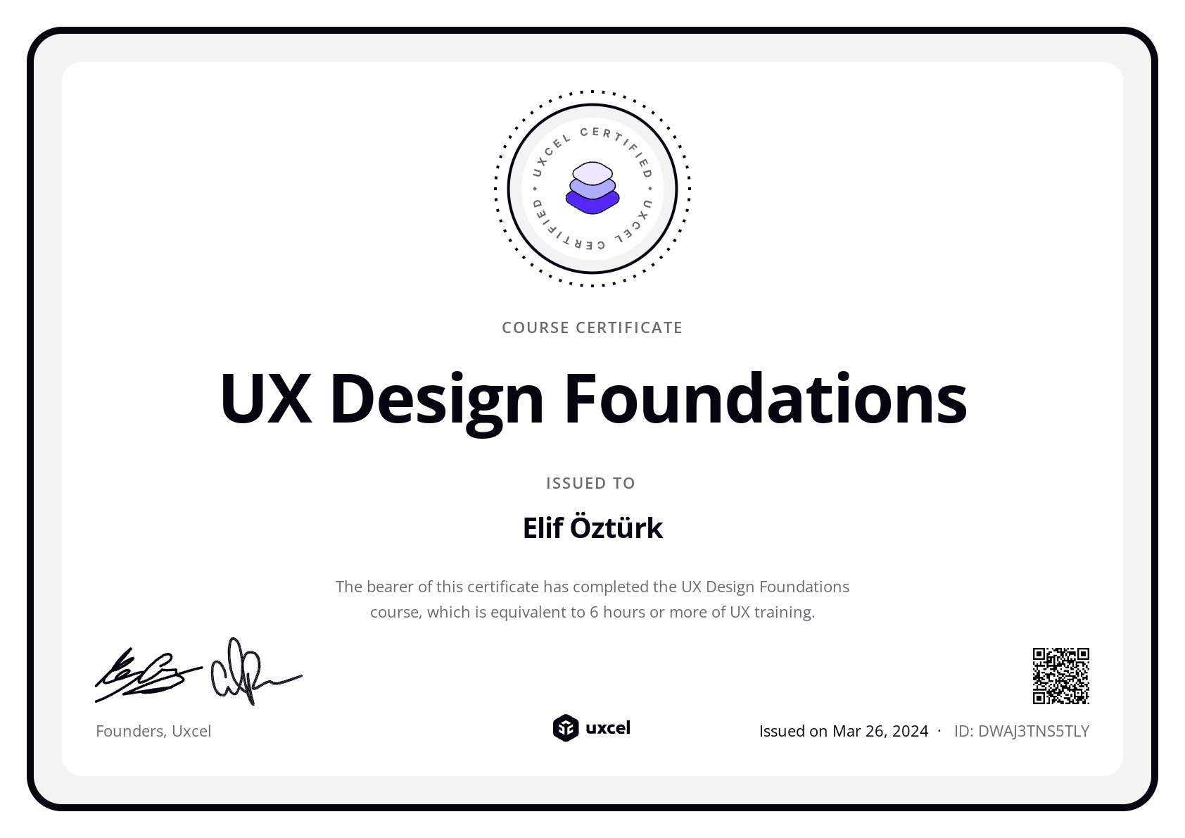 Elif Öztürk's certificate